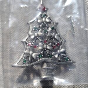Signed LIA Christmas Tree Silver Red Green Stone Brooch Pin